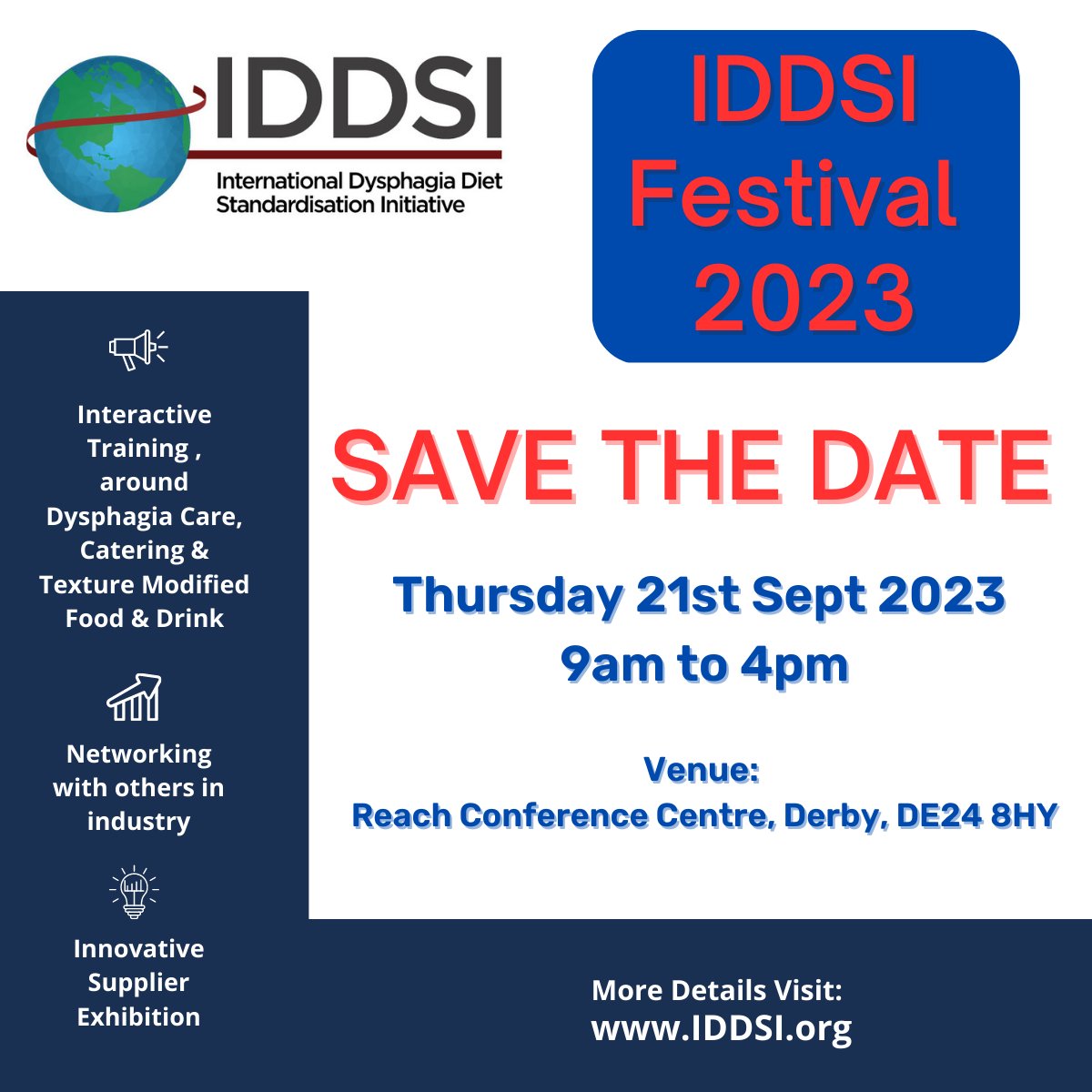 IDDSI UK Festival delegate tickets now on sale via bit.ly/3UxCVFR

The International Dysphagia Diet Standardisation Initiative (IDDSI) is delighted to be hosting its 3rd IDDSI Festival in Derby, UK on Thursday, September 21st, 2023. 
#IDDSIUKFEST23