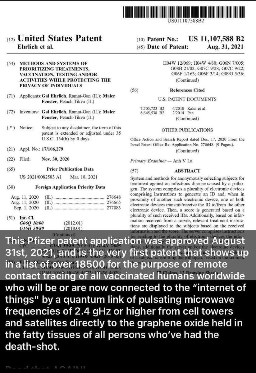 😳  Pfizer patent granted in 2021 is for cellular tower communication with graphene injected humans worldwide

Another 'Conspiracy Theory' just got real

Pfizer - Patent: 11107588b2 

patents.google.com/patent/US11107…