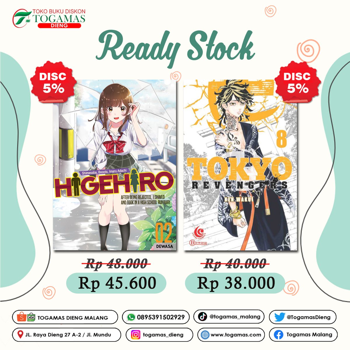 TogamasDieng's tweet photo. 🌟 Ready Stock Komik 🌟

"Akasha : Higehiro Vol 02" - Shimesaba, Boota, Imaru Adachi
"Lc : Tokyo Revengers Vol 08" - Ken Wakui

#togamasmalang
#togamasdiengmalang
#tokobukubergaransi
#pastioriginal #higehirovol2
#tokyorevengersvol8 #kenwakui
#shimesaba #komiknewrelease https://t.co/kFiZT7xXs5