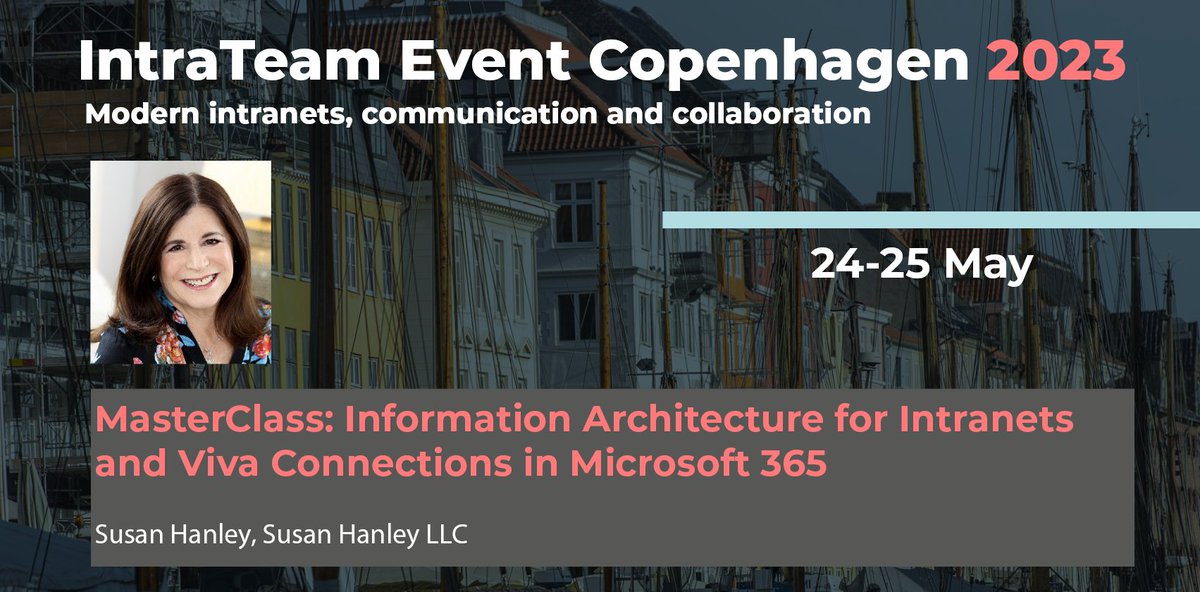 Join <a href="/susanhanley/">Susan Hanley</a> in her 2-part MasterClass, where we will explore the basics of Information Architecture (IA) and its role in creating effective intranets in Microsoft 365, SharePoint, and Viva Connections.

#IntraTeam23

More: event.intrateam.com/sessions/maste…