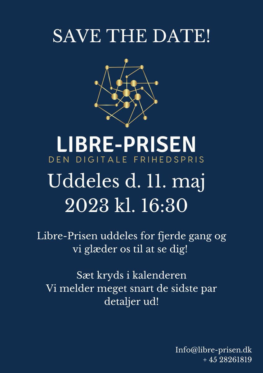 Save the date! Libre-Prisen bliver uddelt d. 11. maj 2023. Vi håber at I vil sætte kryds i kalenderen. Mere info kommer snart! #dktech #digidk #dkpol #dkmedier