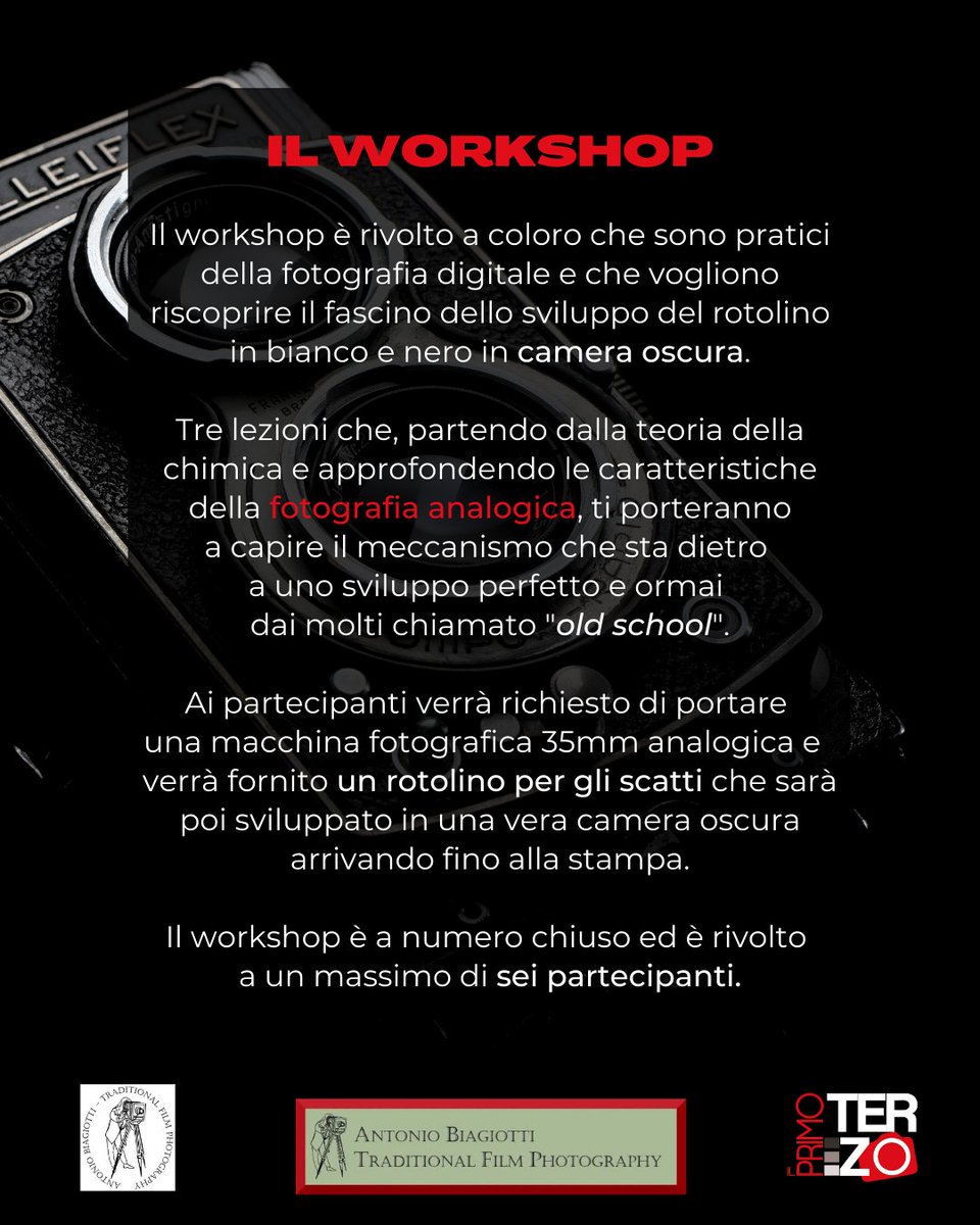 biagiotti71's tweet photo. WORKSHOP IL NEGATIVO E LA CAMERA OSCURA.
Riscoprire l’affascinante mondo della fotografia a pellicola.
Prato, Maggio 2023
Un workshop di tre lezioni per a chi ha voglia di riscoprire la Fotografia Analogica.
#analogcamera #analogphoto #pellicolafotografica #fotografiaanalogica https://t.co/kqA94oIlXZ