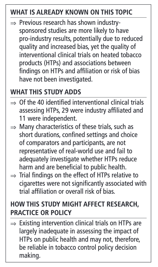 Latest news:The conduct & reporting of HTP interventional clinical trials were poor in many respects & limited to investigating effects of short-term exposure falling short of what is needed to determine whether HTPs are beneficial to public health.bit.ly/3Gct829 @jhb19