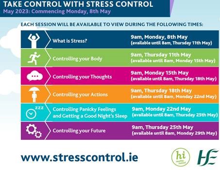 Take control with Stress Control Visit stresscontrol.ie to learn more about the upcoming HSE Stress Control programme. The sessions are completely free, live streamed, and available on YouTube for 3 - 4 days following each session First session starts Monday 8th May