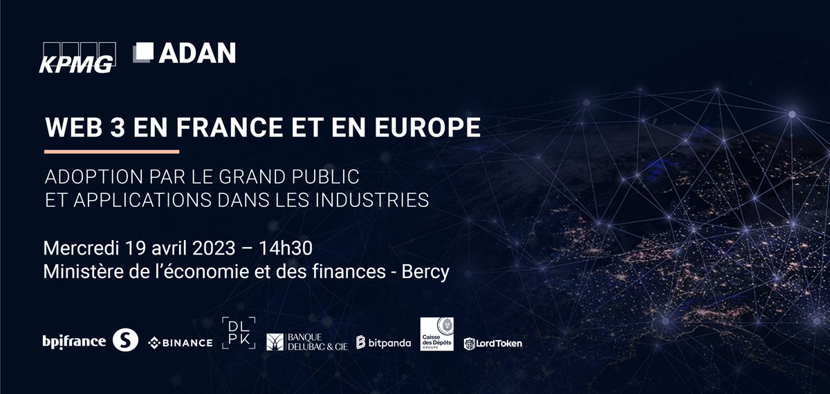 adan_asso's tweet photo. Pour la 2ème année consécutive, l'Adan et @KPMG_France s'associent pour réaliser une étude sur le #web3 et la #crypto en 🇫🇷 et en 🇪🇺. 

Le 19 avril, nous présenterons les résultats de l'étude depuis le Ministère de l'@Economie_Gouv à Bercy.  

👇Thread 1/5 https://t.co/MjeY3qdvMk