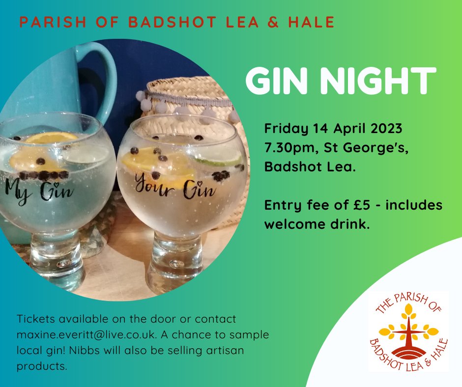 Happy Friday everyone! 🥳🎉 Who's ready for gin-o-clock tonight at St George's, Badshot Lea @ 7.30pm? 😁🍸Try & sample local gin, entry fee is £5 which includes a drink with tickets available on the door... #spreadtheword #GinOclock #fridayvibes #kickstarttheweekend @BLVISchool