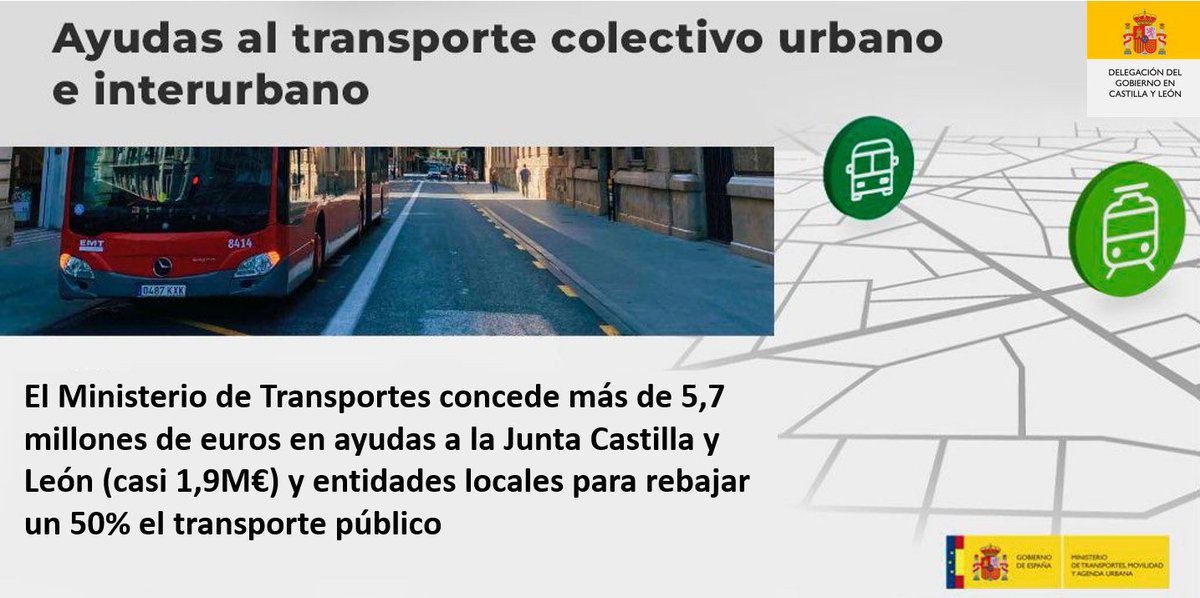 DelegGobCYL's tweet image. ✅ 🚎 @desdelamoncloa @mitmagob concede más de 5,7 millones de euros en ayudas a la Junta de #CastillayLeón y entidades locales para rebajar un 50% el transporte público urbano e interurbano👇🏻

➡️ 1.890.912 M€ para la #JCyL
➡️ 3,8 M€ para ayuntamientos de #CyL