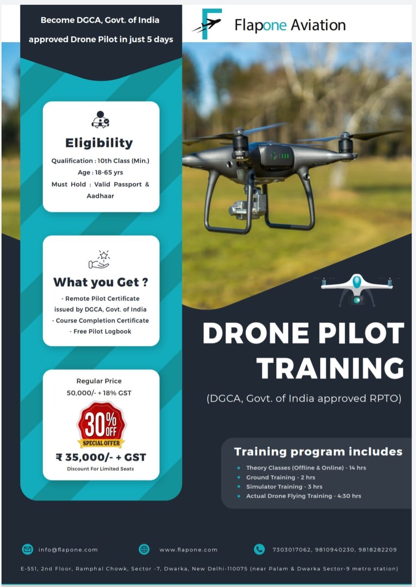 30% off - Inaugural Offer (Become DGCA, Govt. of India approved Drone Pilot in just 5 days.) #dronepilot #dronepilottraining