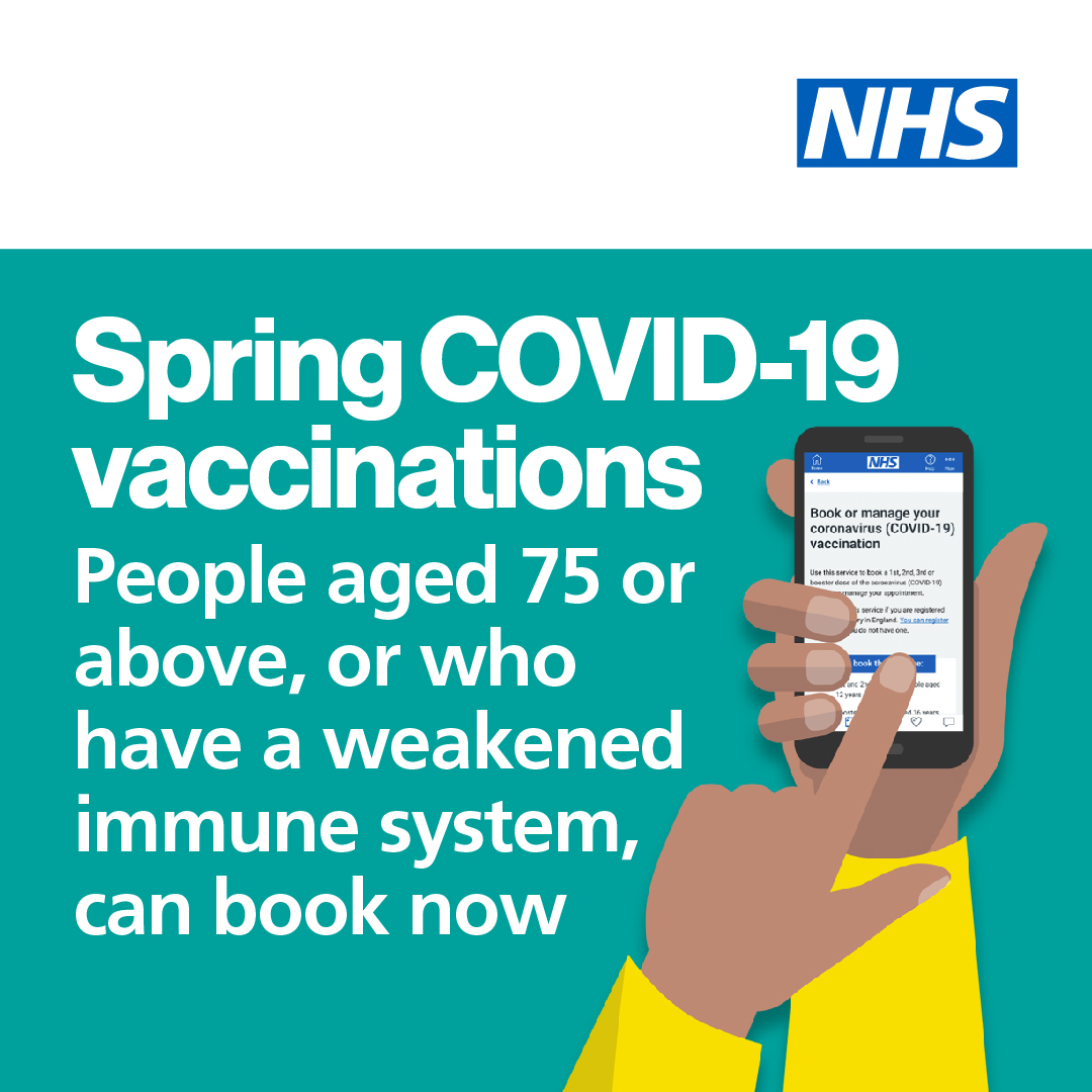 People aged 75 or above, or those with a weakened immune system, can now book their #COVID19Vaccine.
 
You can: 
🔵 Book online: nhs.uk/conditions/cov…
🔵 Use the NHS App
🔵 Call 119