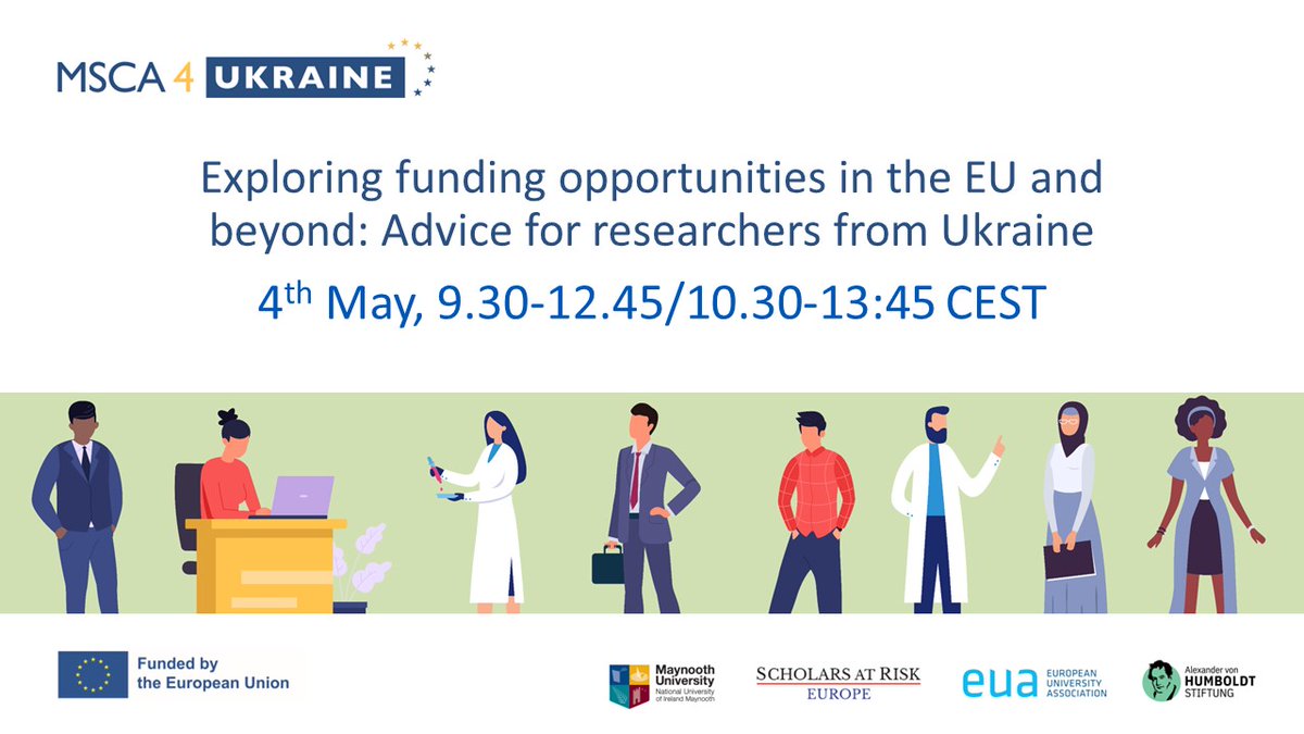 Calling all #researchers from Ukraine! Sign up for this #MSCA4Ukraine webinar to learn more about funding opportunities beyond the #MSCA4Ukraine scheme and how to prepare competitive applications @euatweets @AvHStiftung @Programme_PAUSE @ScholarsAtRisk ➡️bit.ly/3myC6A1