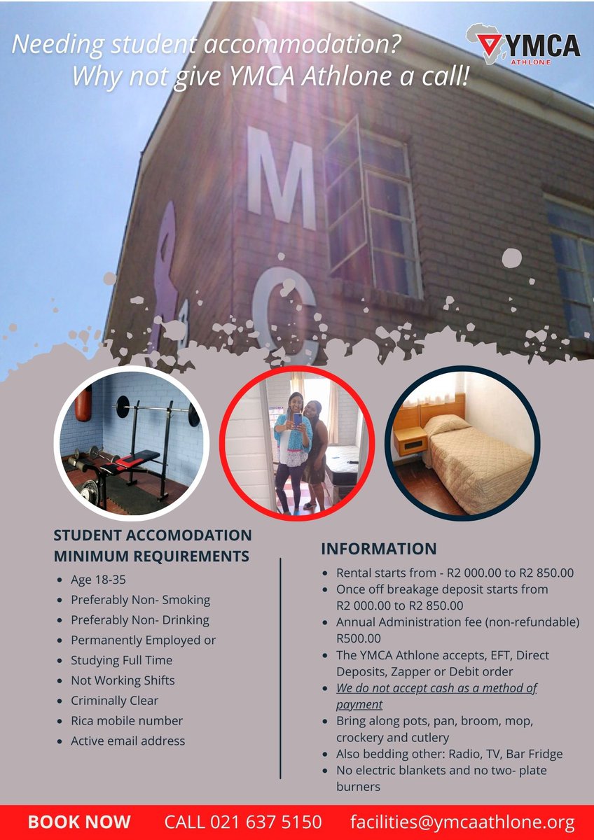 If you're a student planning on studying in and around Cape Town, the YMCA Athlone has the accommodation solution for you.  The Hostel styled accommodation is centrally located in Athlone, on the public transport route to our beautiful CBD &amp; Bellville.  facebook.com/YAthlone
