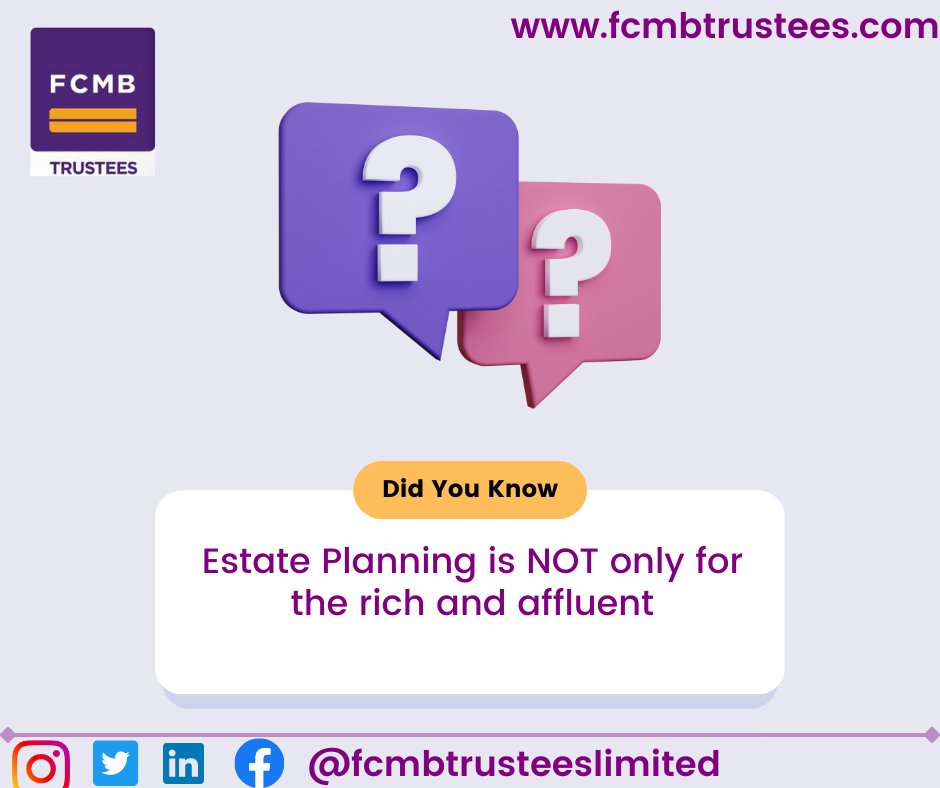 fcmbtrustees's tweet photo. Start from where you are, start from what you have!!
Plan your Estate.
Contact us today for Estate Planning Services!
#estateplanning #willsandtrusts #fcmbtrustees https://t.co/ZOgMqNrftm