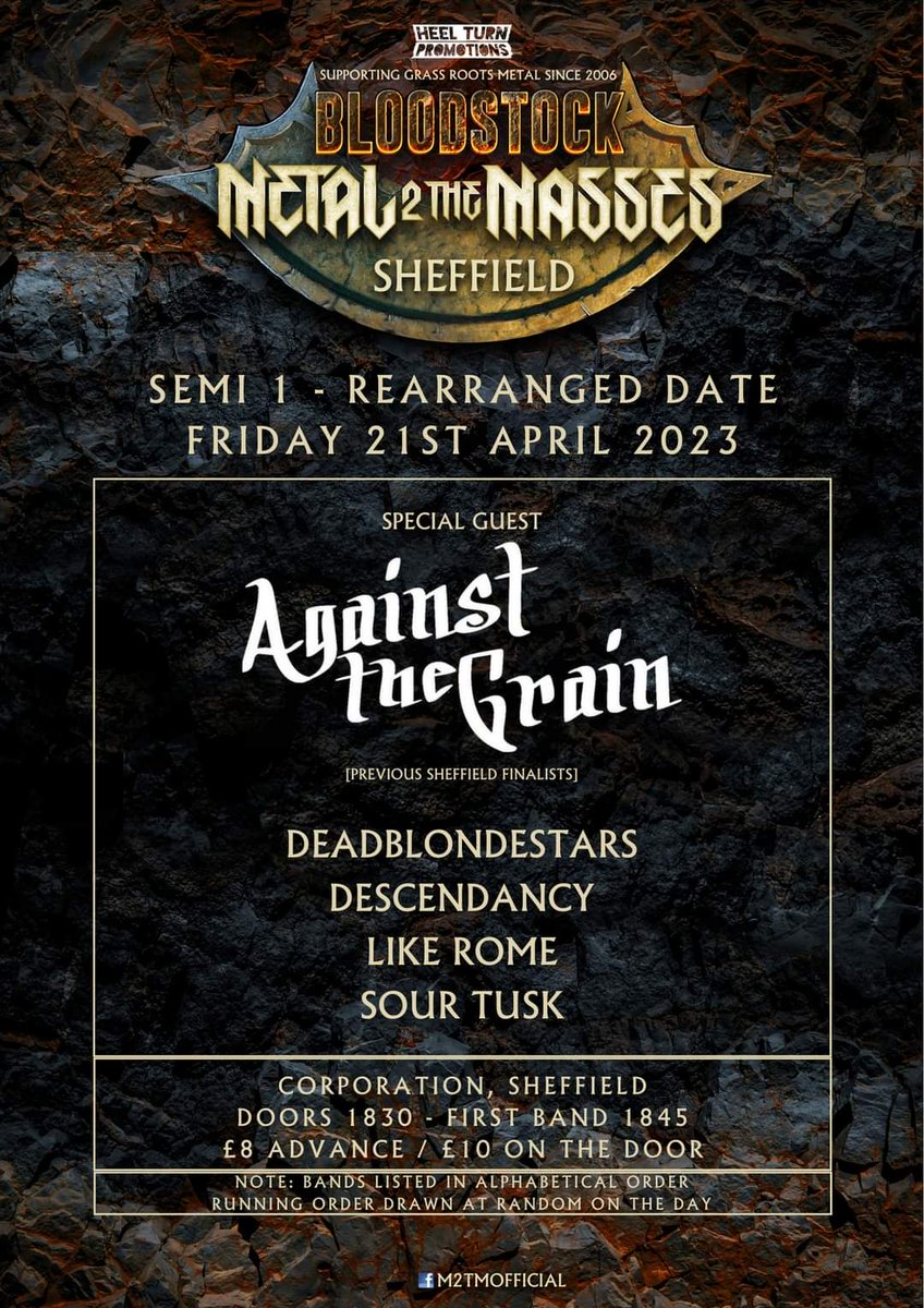 DeadBlondeStars's tweet photo. One week to go until we're back at @corpsheffield for the re-arranged #metal2themasses semi-final! As an added bonus, the exceptional Against The Grain have been added to the bill as guest headliners.

Send us a DM for half-price entry. We need your support to get to the final! https://t.co/K1WKgFMXU0