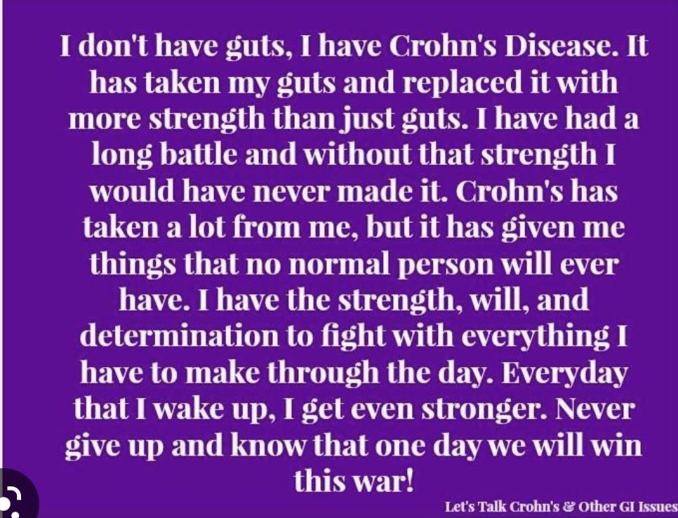 After a rough 4 weeks of surgery and recovery, this is so very true. Crohn’s disease sucks but I’ll keep fighting #crohnswarrior #ittakesguts #crohnsdisease #crohnsandcolitis