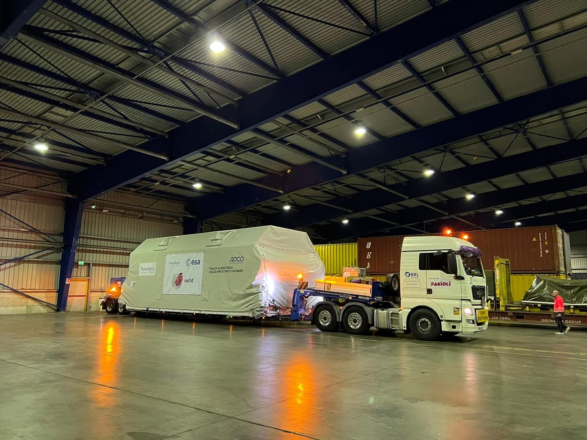 While <a href="/ESA_JUICE/">ESA's Juice mission</a> is waiting at <a href="/EuropeSpacePort/">Centre spatial guyanais</a> for good sky to fly today to space, <a href="/ESA_Euclid/">ESA's Euclid mission</a> after road transport from Cannes (France) to Savona (Italy) is now ready to sail to Cape Canaveral in a dedicated container on the #MNColibri ship.