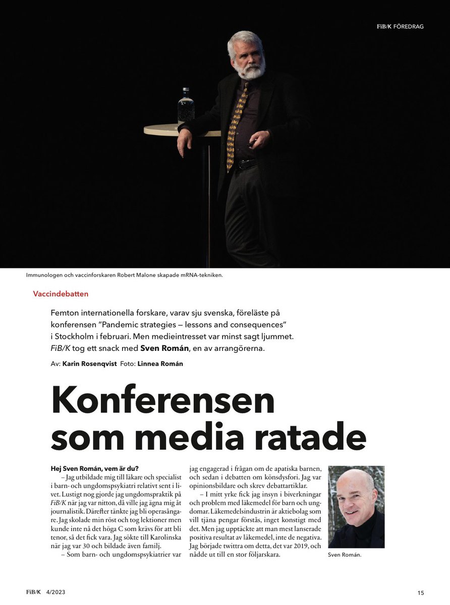 lakaruppropet1's tweet photo. Tidskriften Folket i Bild/Kulturfront, som tillhör etablerad media, har skrivit om den internationella konferensen ”Pandemic Strategies, Lessons and Consequences”, på Waterfront i Stockholm 21-22 januari. De har i reportaget intervjuat Sven Román, barn och ungdomspsykiater och ordförande i Läkaruppropet ideell förening, som arrangerade konferensen.

Som framgår av artikeln har konferensen ignorerats av övrig etablerad media. @dagensnyheter, @SvD, @Aftonbladet, @Expressen, @GoteborgsPosten, @sverigesradio, @svt och @Nyheterna, nu har ni chansen! Om ni läser reportaget kanske ni får en annan bild av vad denna konferens handlade om. 😊