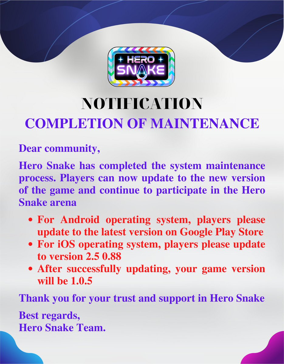💥 NOTIFICATION 💥
⚡️ COMPLETION OF MAINTENANCE⚡️