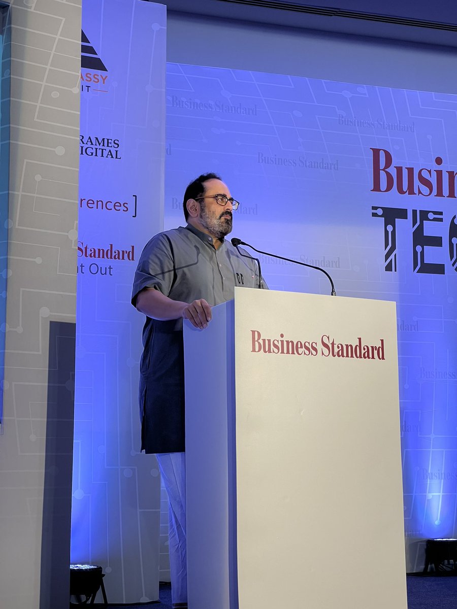 Minister of State Rajeev Chandrashekar talking about Artificial Intelligence.  Government of India philosophy is to Make AI in India and Make AI work for India.  GOI will use AI to make governance smarter, provide vernacular outreach, and make healthcare accessible.
