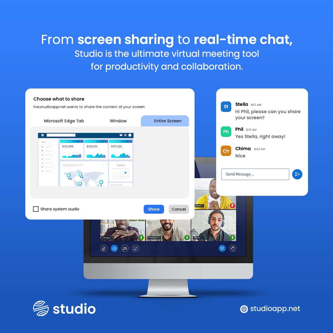 Present, collaborate and keep everyone on the same page.

Try Studio for free today

#onlinemeetings #collaboration #teamwork #teammeeting #videoconference #studioapp