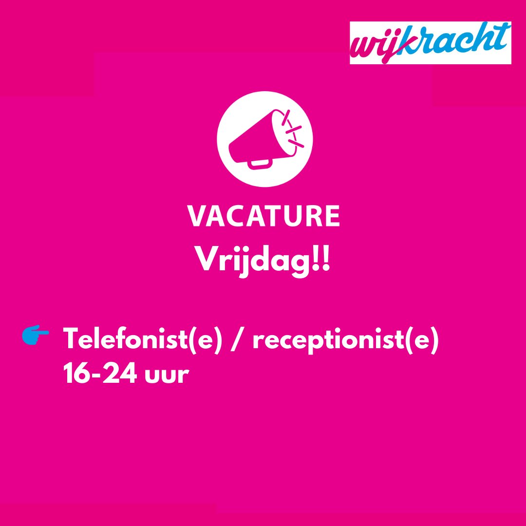 𝗩𝗔𝗖𝗔𝗧𝗨𝗥𝗘 𝗜 𝗥𝗲𝗰𝗲𝗽𝘁𝗶𝗼𝗻𝗶𝘀𝘁(𝗲)/𝗧𝗲𝗹𝗲𝗳𝗼𝗻𝗶𝘀𝘁(𝗲)
(𝟏𝟔-𝟐𝟒 𝐮𝐮𝐫)

Word jij ons visitekaartje van Wijkracht? 

Wijkracht.nl/werken-bij-wij…

#vacaturevrijdag #vacature #job #Wijkracht #iedereendoetmee #samen #WijkrachtsociaalwerkinTwente 
#receptionist