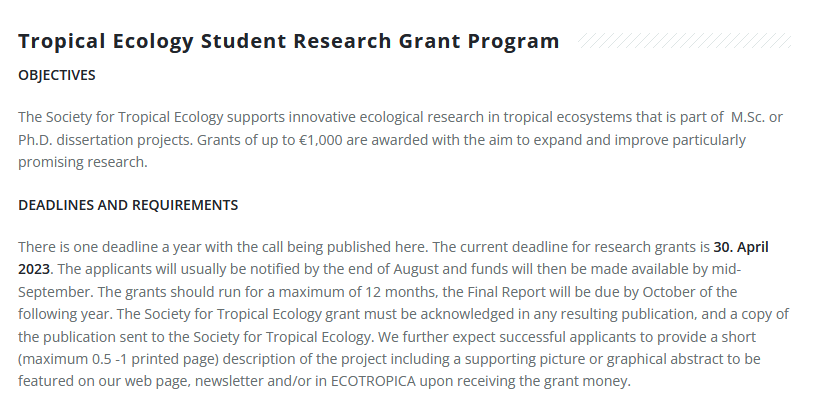 Did you know that our society is giving out research grants (1000€)?💶
✍️Apply until 30th of April!
👇What you need:
- be society member
- send your CV
- provide support letter
- write project description
Q&amp;A🗣️gto.student.grants[at]gmail.com
soctropecol.eu/content/studen…
