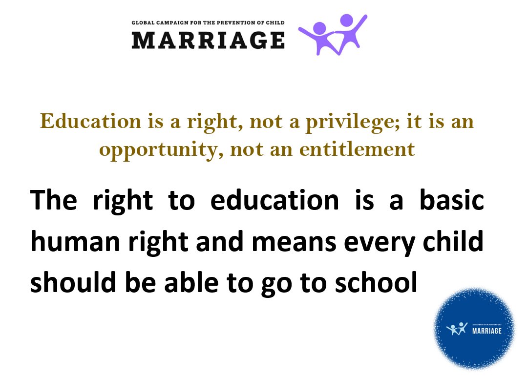 GCPCM2's tweet photo. The Global Campaign for the Prevention of Child Marriage (GCPCM)

The right to education is a basic human right and means every child should be able to go to school

#HumanRights #ChildMarriage #humanity #Children #childrights #education #child https://t.co/R91o1ePjmN