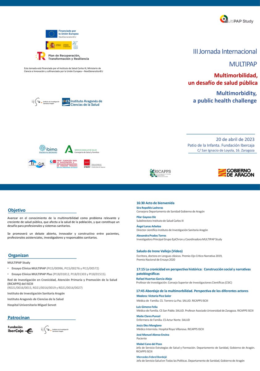 iacs_aragon's tweet photo. #SaveTheDate!

📌III Jornada Internacional #MULTIPAP #Multimorbilidad, un desafío de salud pública
📅Jueves 20 de abril a las 16h30
📍Patio de la Infanta | Zaragoza

Programa e inscripciones abiertas en https://t.co/gn1n36Hsbe https://t.co/KgWIdLOiSb