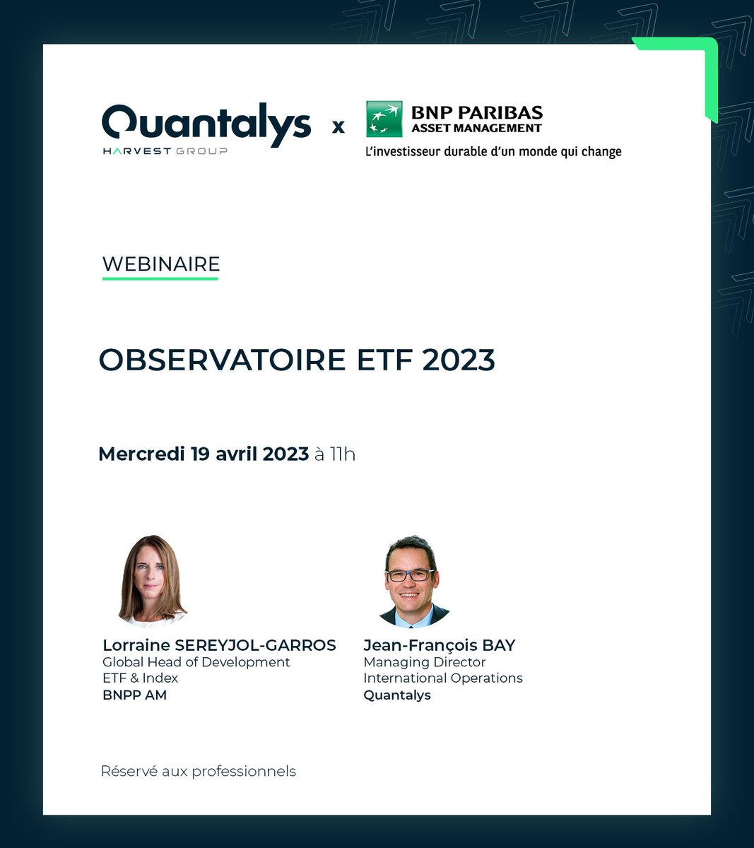 Quantalys's tweet image. 🔭J-2 avant le #webinaire dédié à la présentation de l&apos;Observatoire #Quantalys de la #gestion #ETF 2023, en partenariat avec @BNPPAM_COM.

📅 Rendez-vous, mercredi 19 avril à 11h
🖱️ Pour vous inscrire : lnkd.in/eVBbc6cG

#cgp #assetmanagement @HarvestGroupe  @fidroit