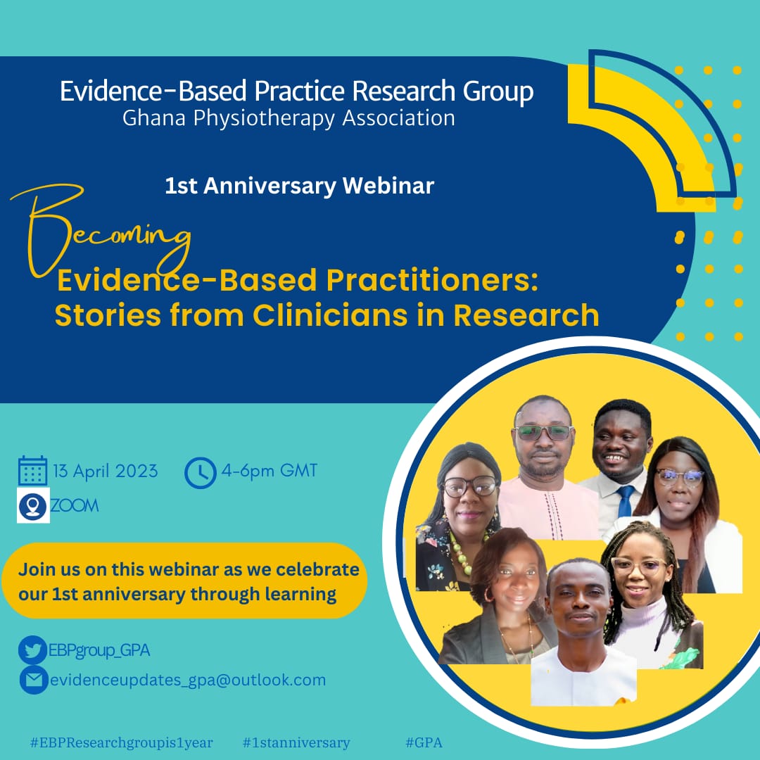 Beatrice Sankah (@bea_sankah) on Twitter photo How we marked <a href="/EBPgroup_GPA/">Evidence-Based Practice Research Group-GPA</a> 1st anniversary yesterday. Our theme is hinged on impacting the next generation of <a href="/GPA_GhanaPhysio/">Ghana Physiotherapy Association</a> #globalPT through storytelling.
A time of empowerment, equiping and knowledge transfer.
Still pushing #EBP #EBHC in Ghana and beyond. How we marked <a href="/EBPgroup_GPA/">Evidence-Based Practice Research Group-GPA</a> 1st anniversary yesterday. Our theme is hinged on impacting the next generation of <a href="/GPA_GhanaPhysio/">Ghana Physiotherapy Association</a> #globalPT through storytelling.
A time of empowerment, equiping and knowledge transfer.
Still pushing #EBP #EBHC in Ghana and beyond.