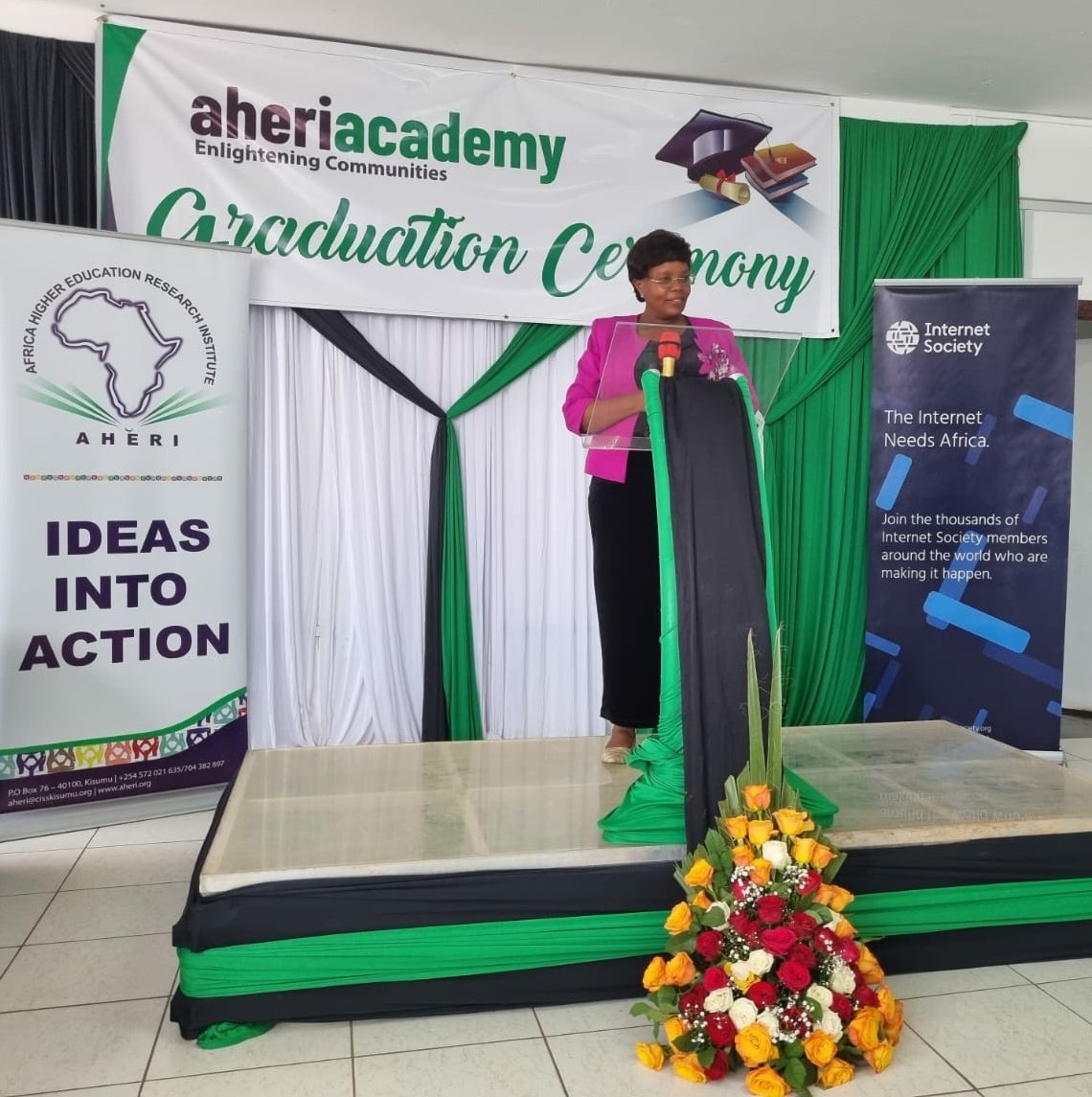 Esther Kioni, senior Director Training and Learning <a href="/ISOC_Kenya/">Internet Society, Kenya</a> addressing the graduands at #aheriacademy #graduation #enlightening_communities #isoc 'you are the change agents in this region and Beyond '