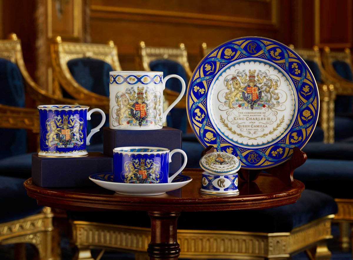 The Royal Collection Trust has launched the official Coronation souvenir range.

The Royal Coat of Arms, surrounded by laurel leaves for peace, is central to the design. The floral emblems of the UK are also included.
