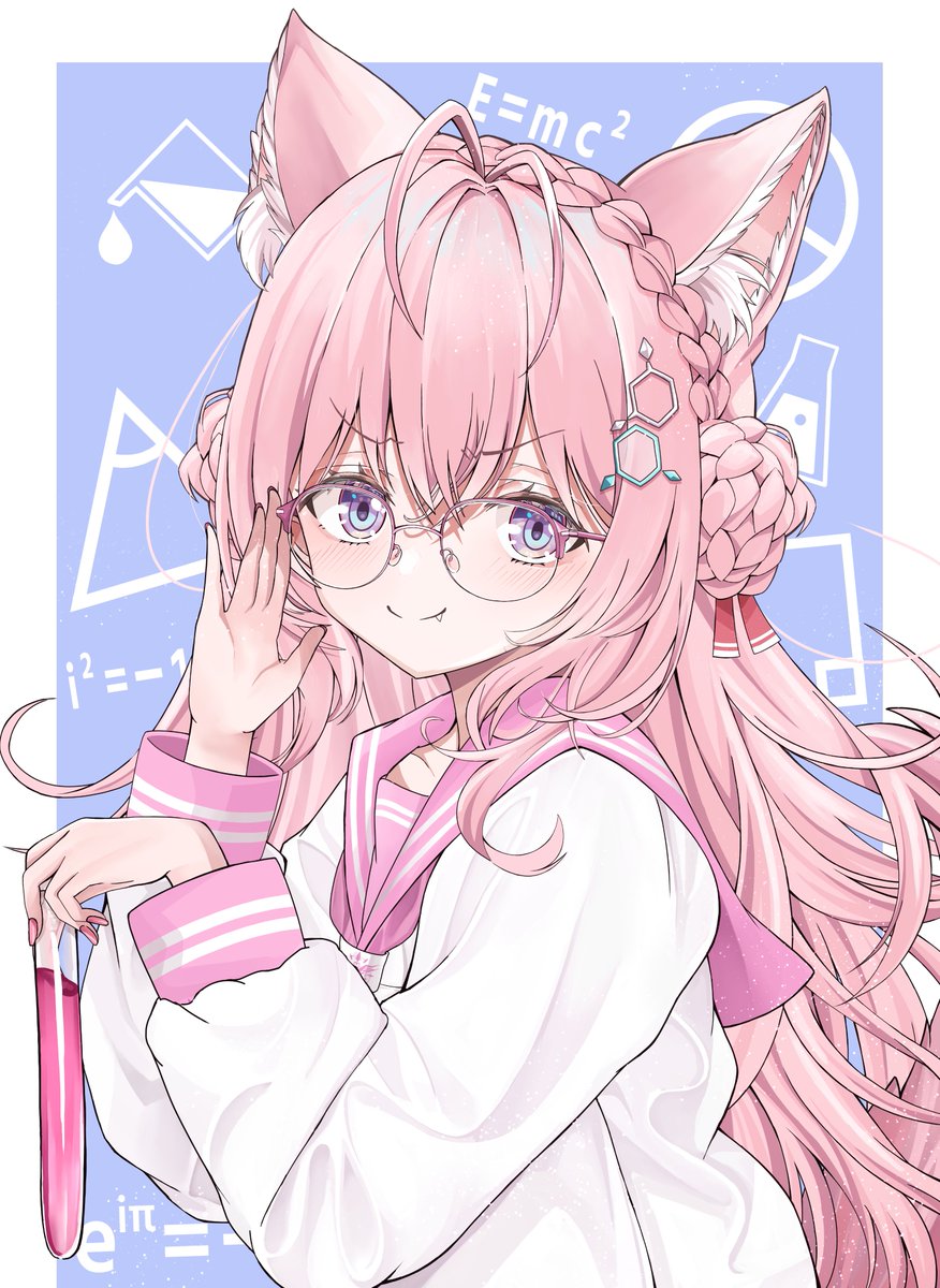 hakui koyori 1girl animal ears glasses pink hair long hair braid solo  illustration images