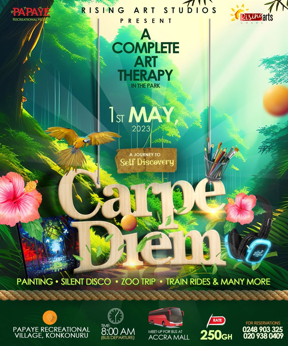 🏔️ *A journey to Self Discovery* 🎨🖼️🎨
A very Good Morning going out to you ❤️ I’m so pleased to invite you to our next main event this May!! 

We bringing Arts to the serene environment at Aburi, Konkonuru 🏔️
#SipPaint 🥤 
#ArtTherapy 🖼️ 
#Silentdisco 🎧
#Roadtrip 🚌