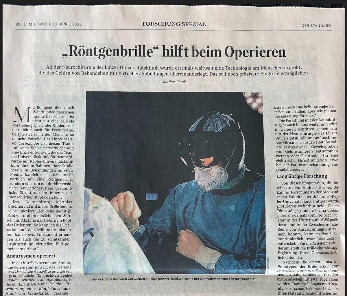cortexplore's tweet image. Our Mixed-Reality technology got covered in "Der Standard".

We are very grateful for the support of Prof. Andreas Gruber and Dr. Matthias Gmeiner, who started supporting this project when it existed only on a piece of paper.

#toolsForPioneers