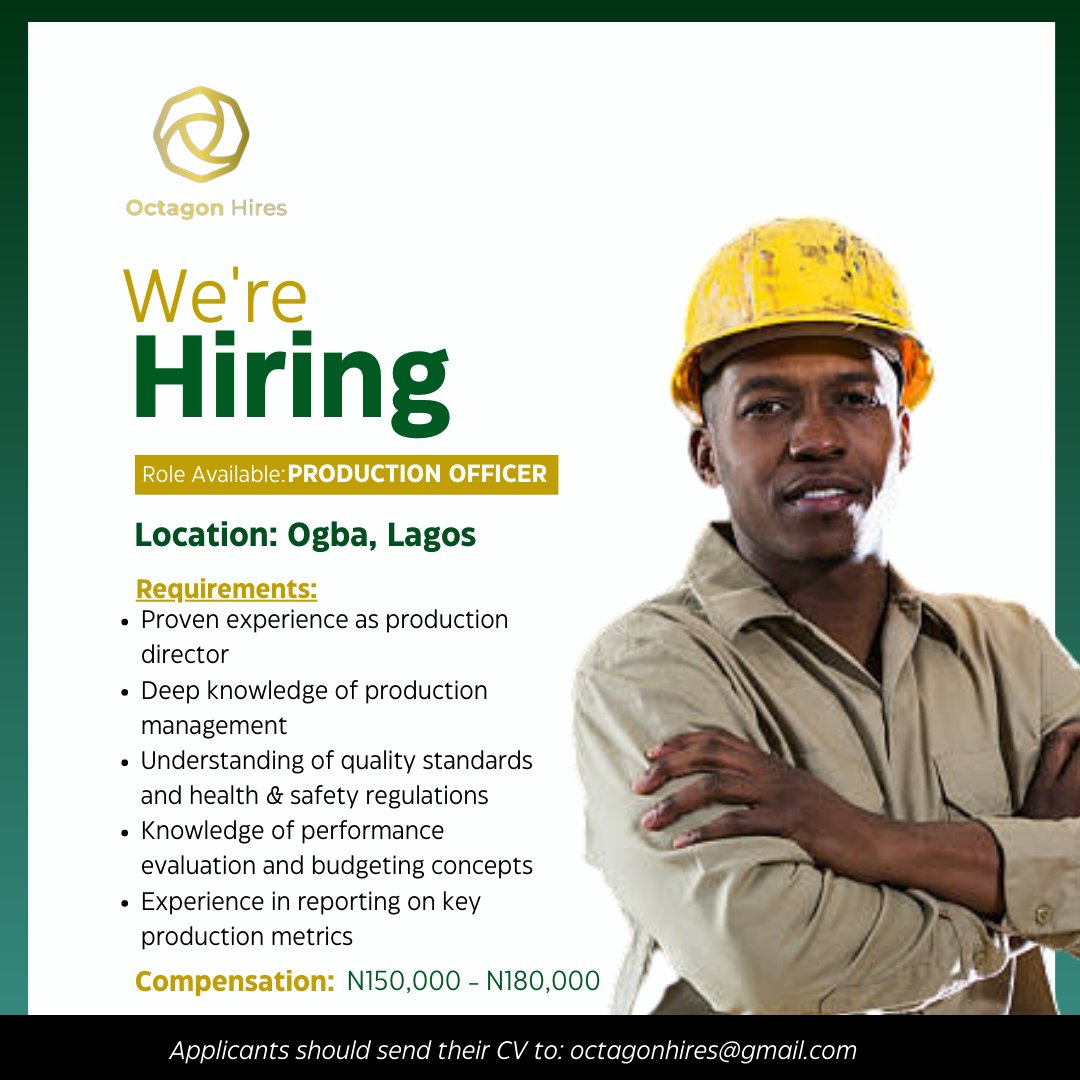 Octagonhires's tweet image. Octagon Hires are hiring for the position of a Production Officer.
Interested candidates should send their CV/Resume to octagonhires@gmail.com
#JobSeekers 
#interviews 
#getjob 
#jobsearch