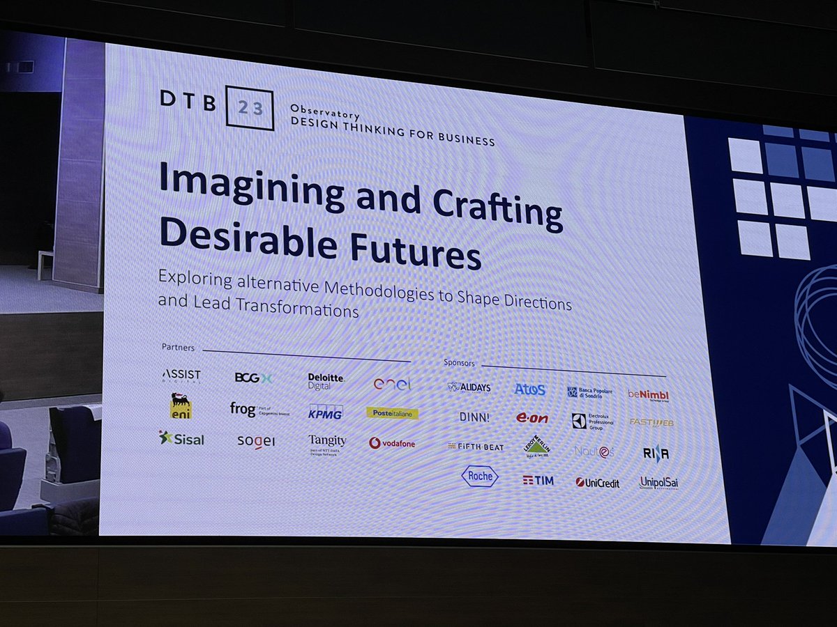Oggi al convegno: “Imagining and Crafting Desirable Futures: Exploring alternative Methodologies to Shape Directions and Lead Transformations” 
Dal #designthinking  #systemthinking al #futurethinking 
#DTB23 <a href="/Sogei_SpA/">Sogei</a>