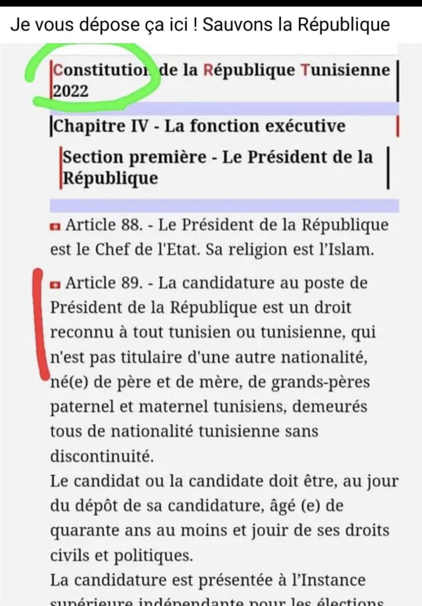 NoelKTshiani's tweet photo. ⁦⁦@UN_BintouKeita⁩ Voici les conditions d’éligibilité à la présidence de la Tunisie. Je vous prie de ne plus vous ingérer dans les affaires intérieures de la RDC qui a tant tant souffert des infiltrations et qui n’a pas de paix malgré la présence de la Monusco. https://t.co/fAi2VNWOsX