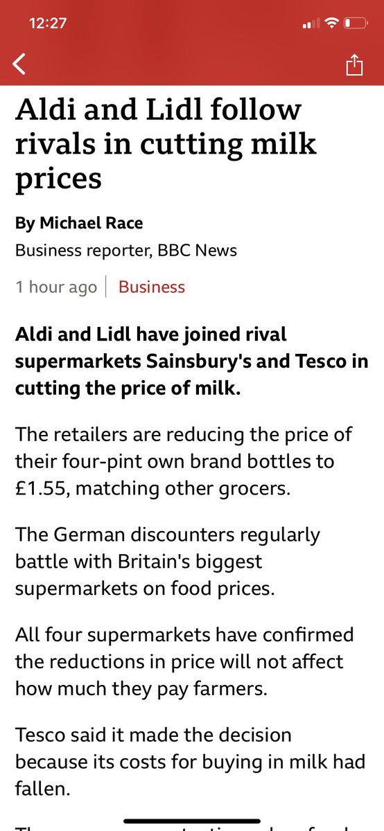 <a href="/BBCNews/">BBC News (UK)</a> this article is NOT correct! All supermarkets and processors have cut the price paid to farmers, some by as much as 12ppl over the last 4 months!!! Don’t let supermarkets spin a yarn! <a href="/NFUtweets/">National Farmers' Union</a> <a href="/AHDB_Dairy/">AHDB Dairy</a> #backbritishfarming