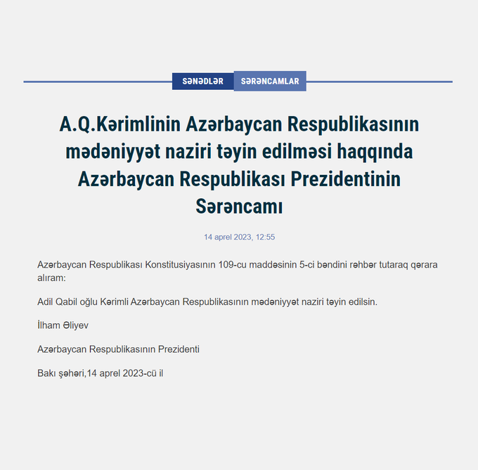 bakimedeniyyet's tweet photo. A.Q.Kərimlinin Azərbaycan Respublikasının mədəniyyət naziri təyin edilməsi haqqında Azərbaycan Respublikası Prezidentinin Sərəncamı  Ətraflı: https://t.co/yFrJpPa8vz

#Azərbaycan #mədəniyyət #sərəncam https://t.co/49qLxp5fpS