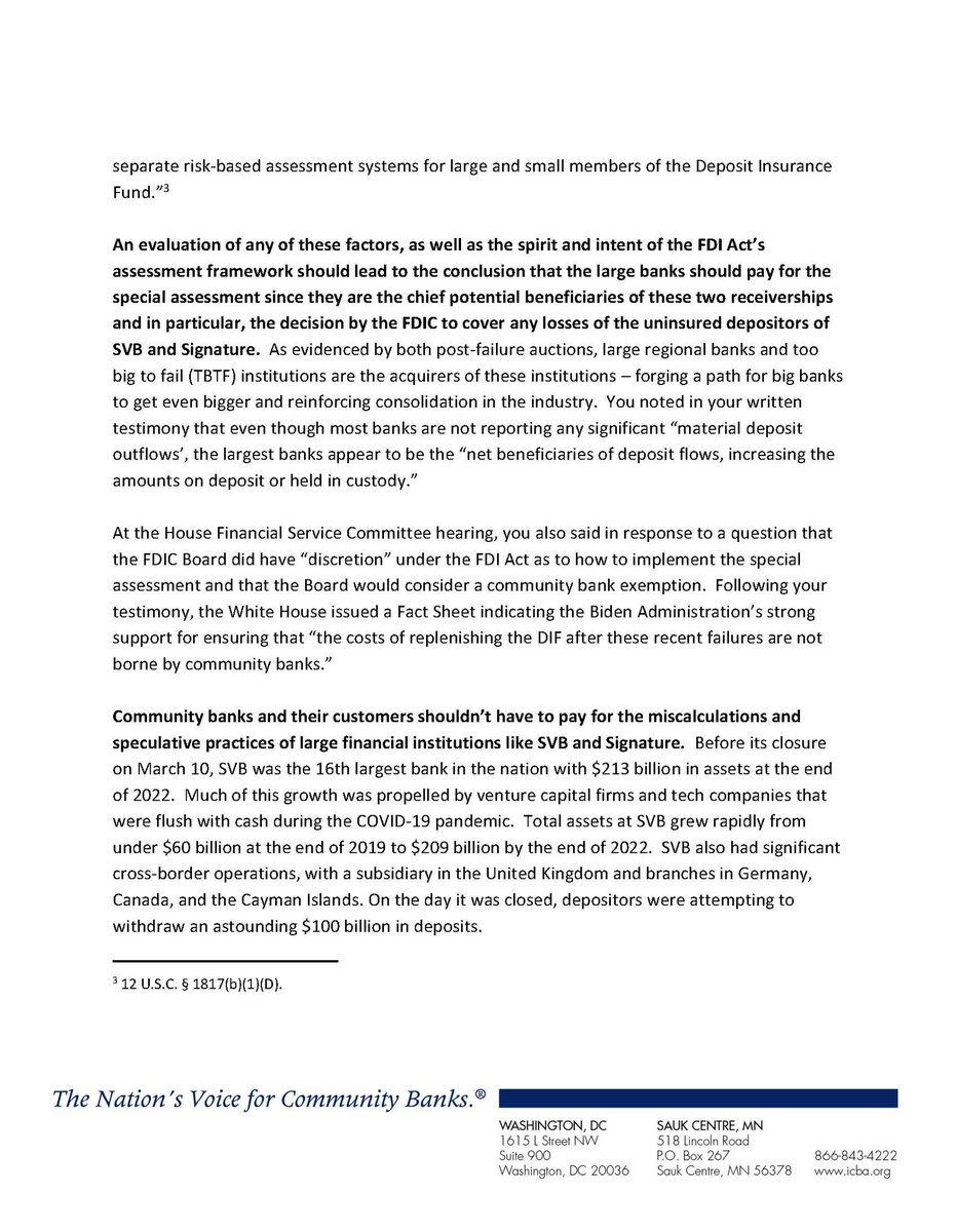 John_R_Ramage's tweet photo. . @ICBA called on the #FDIC to completely exempt #communitybanks from any special assessment to recover Deposit Insurance Fund losses caused by the failures of Silicon Valley Bank and Signature Bank of New York.
#WeAreNotSVB | #BankLocal
#NormalDayOnMainStreet https://t.co/iRfqlf8RxL