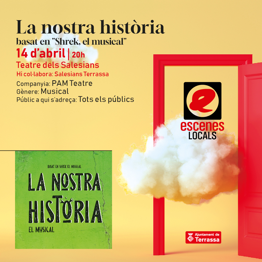 🎭👏No us perdeu avui a les vuit del vespre l’obra de #teatre «La nostra història», un musical a càrrec de <a href="/PAMTeatre/">PAM teatre</a>, que adapta la història d'Shrek.

📍 Teatre dels Salesians
✨adreçada a tots els públics✨

terrassa.cat/escenes-locals
#EscenesLocals