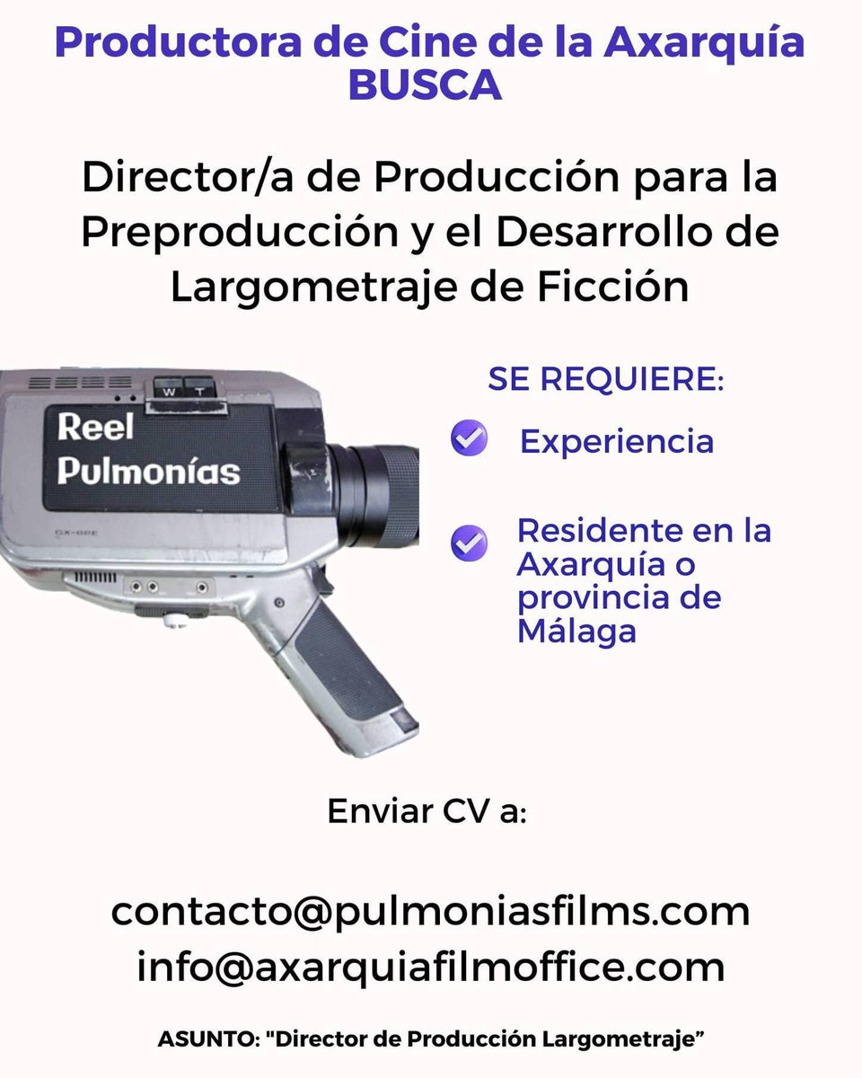 AxarquiaFilm's tweet photo. Productora de Cine de la Axarquía busca Director/a de Producción para la Preproducción y el Desarrollo de Largometraje de Ficción.
contacto@pulmoniasfilms.com
info@axarquiafilmoffice.com
💚🎬❤️ l #axarquíaplatódecine #TurismoAxarquiaCostaDelSol💚🎬❤️ https://t.co/qduxUngeUW