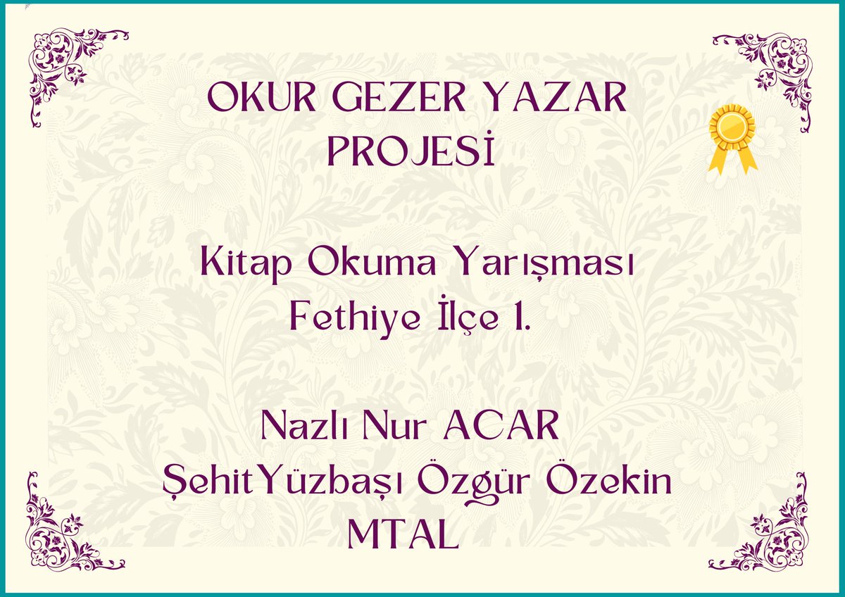 Kitap okuma yarışmasında; Fethiye ilçe birincisi olan, Şehit Yüzbaşı Özgür Özekin Mesleki ve Teknik Anadolu Lisesi öğrencimiz Nazlı Nur ACAR’ ı tebrik ederiz. 🏆🥇 <a href="/tcmeb/">Millî Eğitim Bakanlığı</a> <a href="/mugla_mem/">Muğla İl Millî Eğitim Müdürlüğü</a> <a href="/mugla_arge/">ArGe Muğla İl Milli Eğitim Müdürlüğü</a> <a href="/emrecay55/">Emre ÇAY</a>  <a href="/memfethiye/">Fethiye İlçe Milli Eğitim Müdürlüğü</a>
