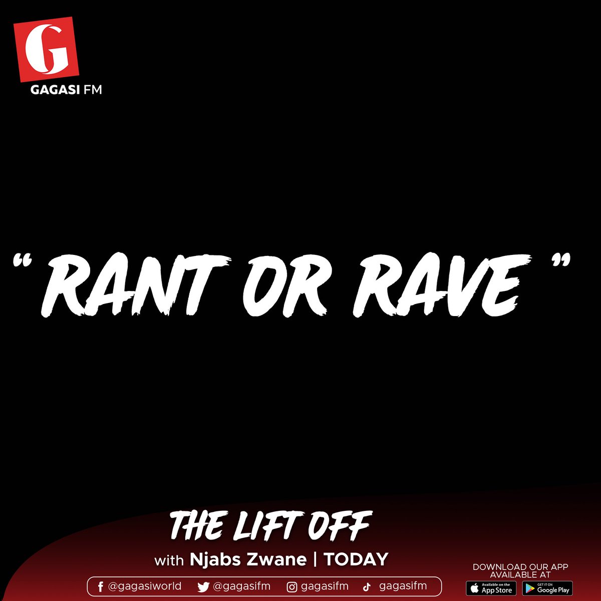 [RANT OR RAVE]
Kule segment, we give you ithuba lokhubhodla gento ekushisayc eyenzeke kulelisonto, let's help you release that steam. Nawe onento enhle eyenzakalile that you want us to celebrate with you, this is the right place for you.
Let's RANT OR RAVE 0861596596.