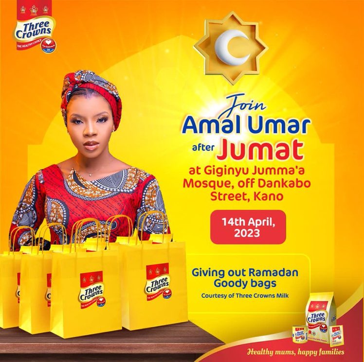 FoluRazor's tweet photo. Jummat Mubarak my Kano people, join Amal Umar after Jumat today at Giginyu Jumu'at Mosque, off Asmau Yakubu Str. by Gambo Lawal Giginyu Qtrs, Kano by 2pm

50 lucky people to win special Ramadan goodies, courtesy of 
@3crownsmilk

See you soon

#TCRamadan
#TreasureWithoutMeasure https://t.co/ONtuHrjoxL
