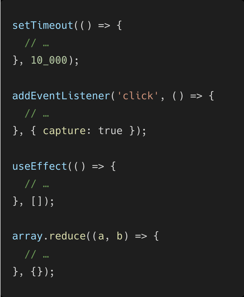 jaffathecake's tweet image. An API design mistake that happens time and time again: A callback, followed by something that significantly changes the behaviour of the callback, meaning you have to visually jump to the end to determine the behaviour of the callback, _then_ read the callback.