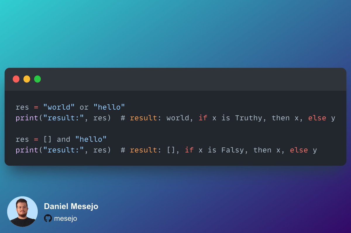 searchsort's tweet image. Good morning! Today's #Python trivia: the and/or operators don't actually return True or False. 🧐 Instead, they return the value of the last operand that was evaluated. 🐍🚀
#CPython
#CodingTips
#pythonprogramming
#learnpython