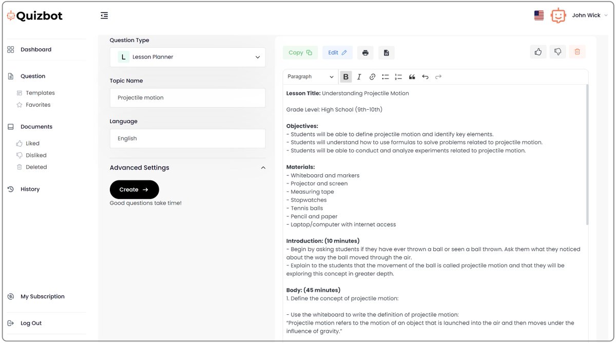 Quizbotai's tweet photo. You can create very detailed Lesson Plans for any topic. https://t.co/a29fbjuoOg