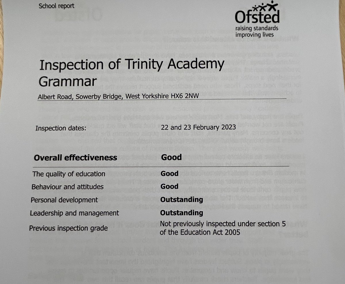 What an achievement for <a href="/TrinityAcademyG/">Trinity Academy Grammar</a>!  Joined <a href="/trinity_mat/">Trinity MAT</a> as an inadequate schools with a huge deficit and - more remarkably - over the last two decades (and multiple inspections) has never been rated as good!  It is now, with generous sprinklings of outstanding!  👏👏👏