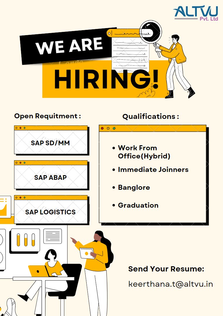 Dear #Connections!

We the #team of #Altvu #hiring for #SAPSD #SAPMM #SAPABAP #SAPLogistic  for location #banglore #immediatehiring .
If you are Interested Please Share your Update Resume to: keerthana.t@altvu.in

Thanks & Regards’,
Altvu Team.